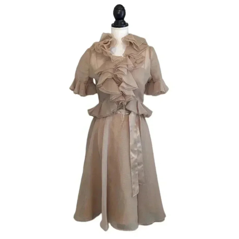 Vintage Lillie Rubin Light Brown Tan Mesh Ruffle Dress Coquette Romantic Twee